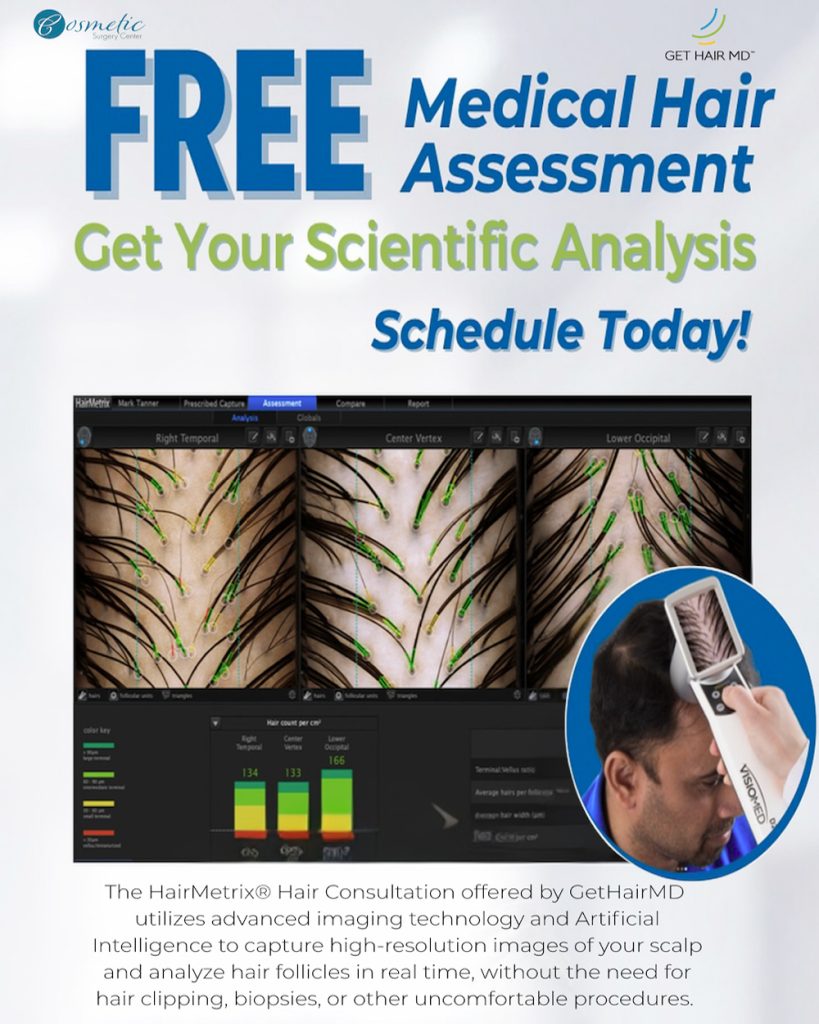 Free medical hair assessment. Get your scientific analysis schedule today. The HairMetrix Hair consultation offered by GetHairMD utilizes advanced imaging technology and Artificial Intelligence to capture high-resolution images of your scalp and analyze hair follicles in real time, without the need for hair clipping, biopsies, or other uncomfortable procedures.